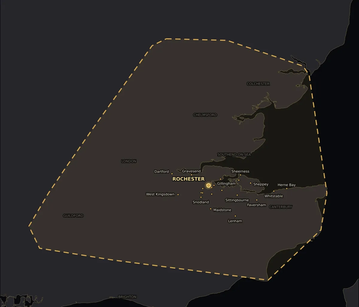 Map of the BGH Driveway & Patio Services service area across Kent, London, Surrey and Essex, with the base at Rochester and a pin for each town we cover